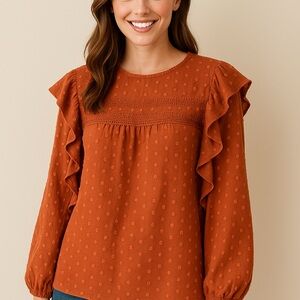 Rust Long Sleeve Textured & Embroidered Top - Fall & Cozy
